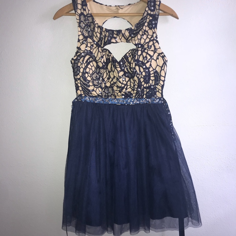 Formal navy blue sequin skater dress